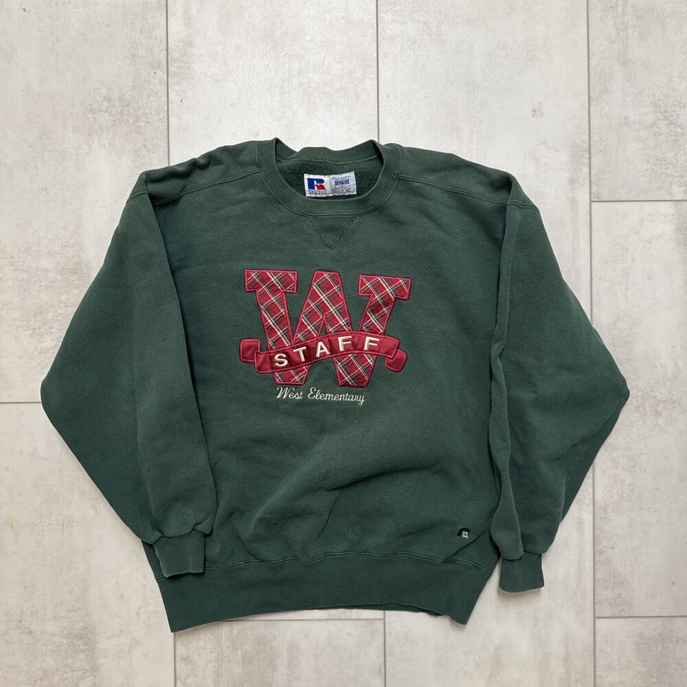 Vintage Russell Athletic Sweatshirt Green Staff West Elementary Logo Crewneck XL